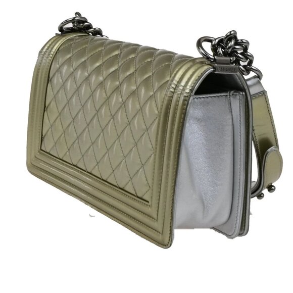 CHANEL CC Boy Bicolor Chain Shoulder Bag Patent Leather GD Silver SHW 385RK882 - Picture 12 of 16